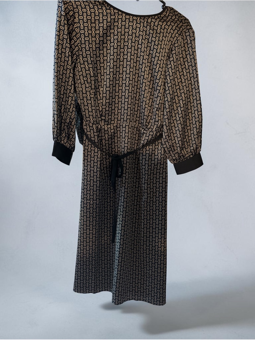 Ann Taylor Black and Cream Midi Dress with Geometric Print